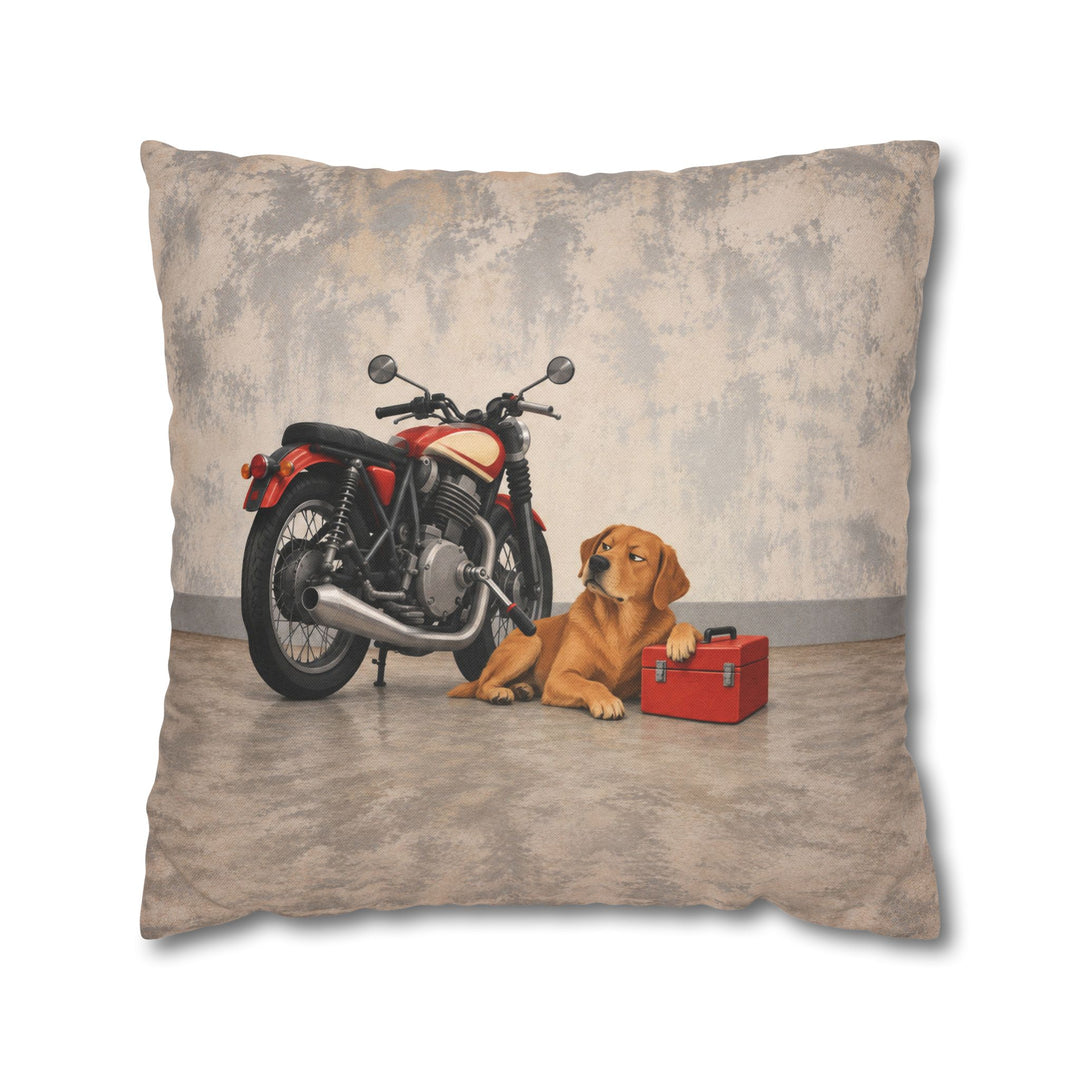 Garage Supervisor – Motorcycle Wall Art with a Dog Guarding the Bike – Pillow / Cover
