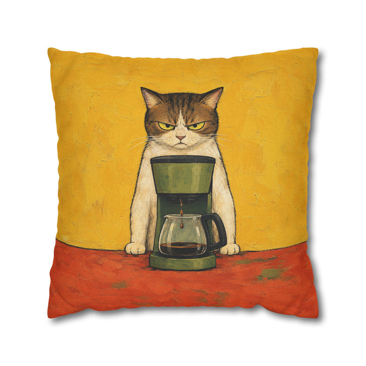 Before Coffee: Cat Edition – Coffee Wall Art with a Dripping Maker and a Glare – Pillow / Cover