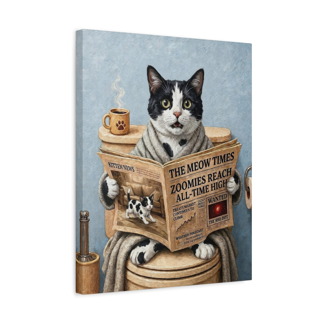 "Morning Business" - Black & White Bicolor Vertical Canvas - Cat Lover Wall Art