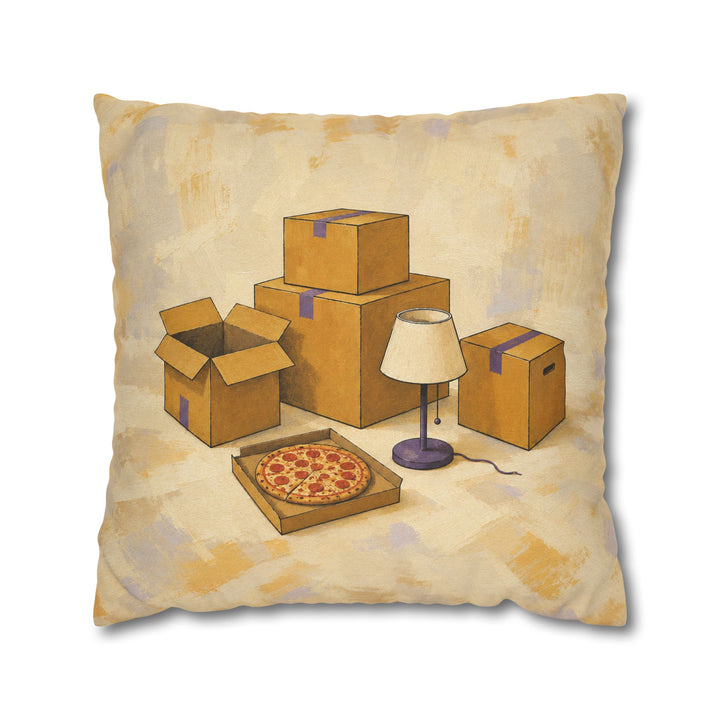 Sold: First Night – Apartment Wall Art with One Lamp and Floor Pizza – Pillow / Cover