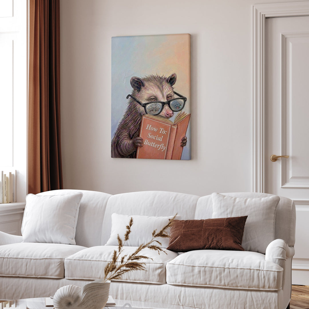 "How To Social Butterfly" - Opossum Vertical Canvas - Animal Book Humor Wall Art