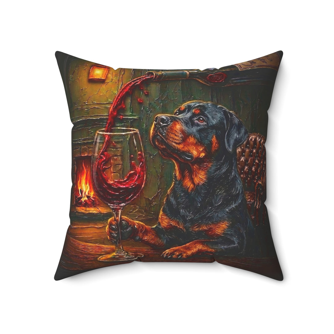 "Wine & Woof" - Rottweiler Throw Pillow - Dog Lover Home Decor