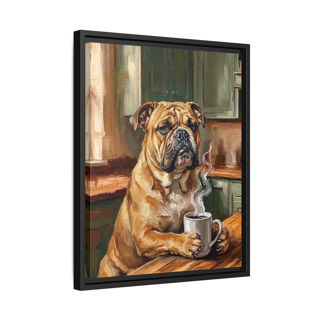 "Before Coffee" - English Bulldog Vertical Framed Canvas - Dog Lover Wall Art