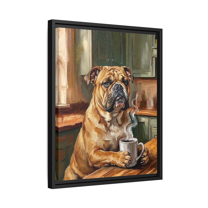 "Before Coffee" - English Bulldog Vertical Framed Canvas - Dog Lover Wall Art