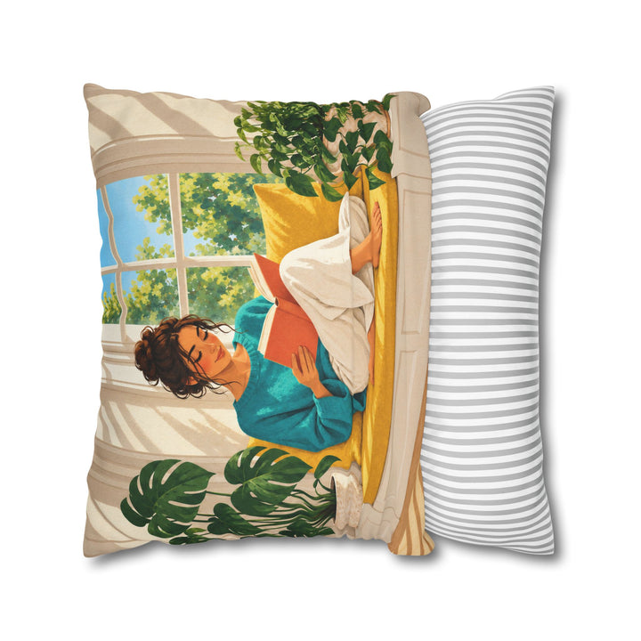 Woman Reading, Sunday – Reading Art with a Sunlit Yellow Window Seat – Pillow / Cover