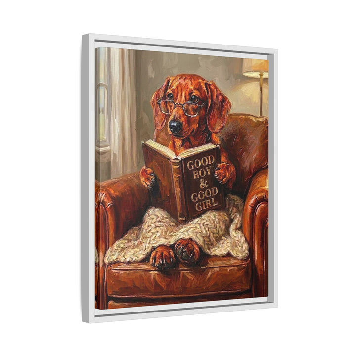 "Evening Read" - Dachshund Vertical Framed Canvas - Dog Lover Wall Art