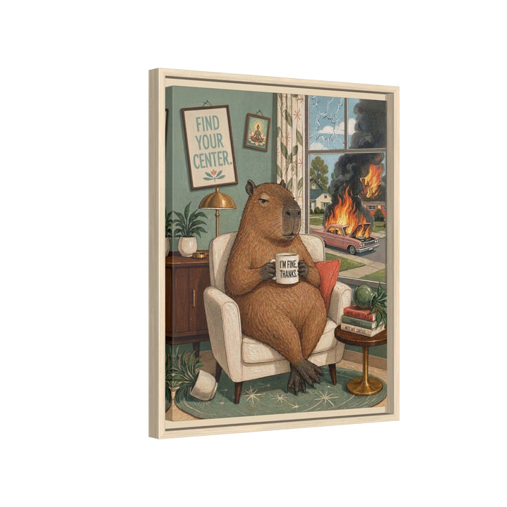 "I'm Fine Thanks" - Capybara Vertical Framed Canvas - Dark Burnout Humor Wall Art