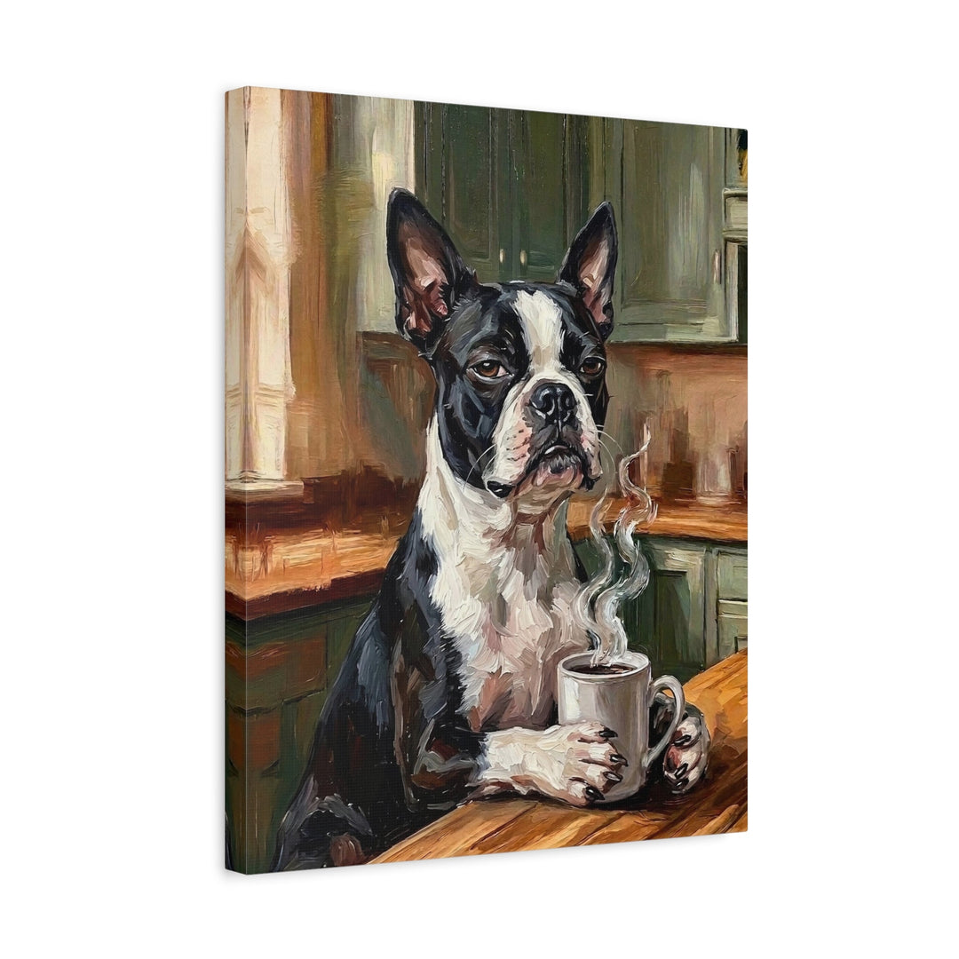 "Before Coffee" - Boston Terrier Vertical Canvas - Dog Lover Wall Art