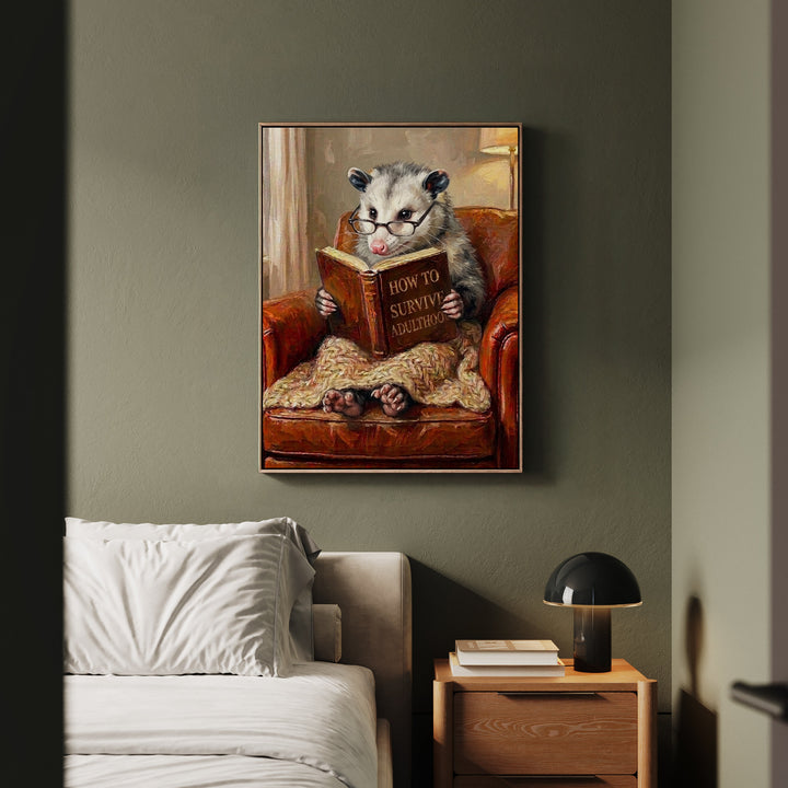 "Survive Adulthood" - Opossum Vertical Framed Canvas - Spirit Animal Wall Art