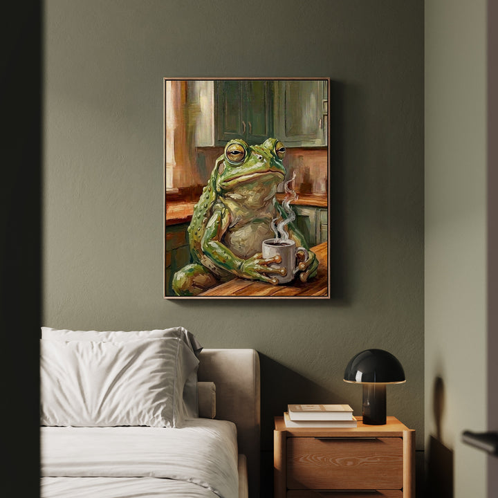 "Coffee & Silence" - Frog Vertical Framed Canvas - Spirit Animal Wall Art