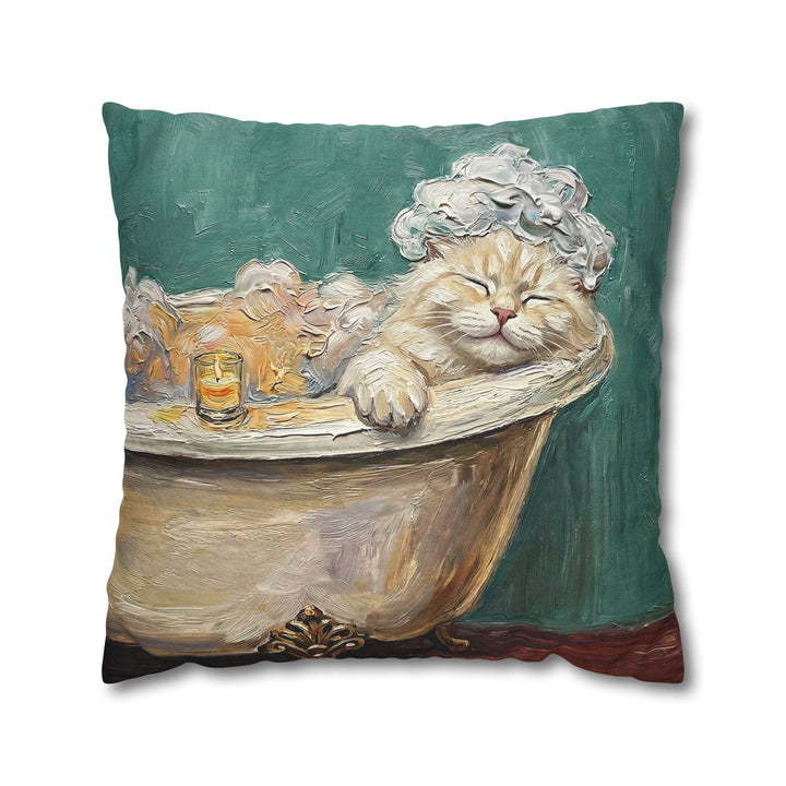 Fluffy White Longhair Cat in Bathtub Funny Throw Pillow, Spa Day Cat Pillow Cover, Cat Lover Gift
