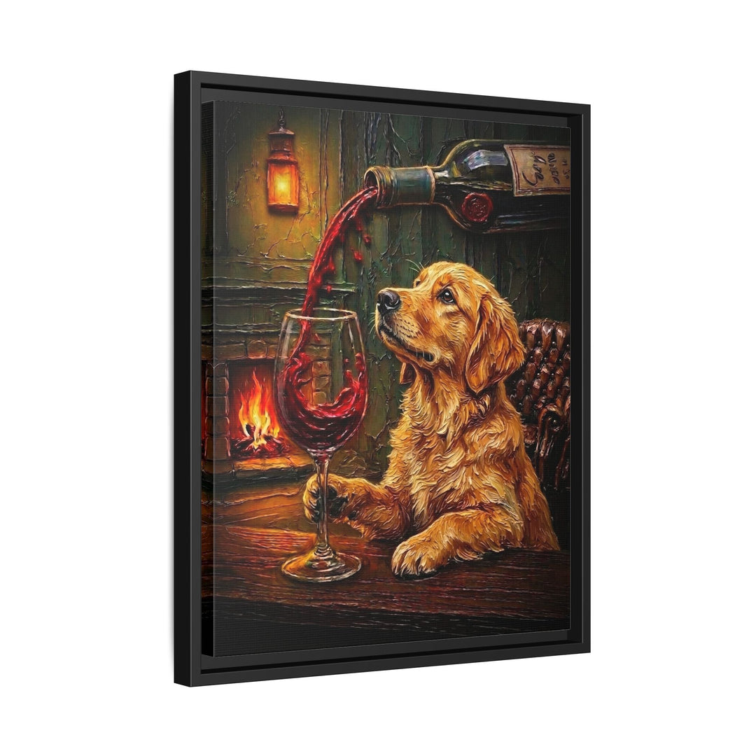 "Wine & Woof" - Golden Retriever Vertical Framed Canvas - Dog Lover Wall Art