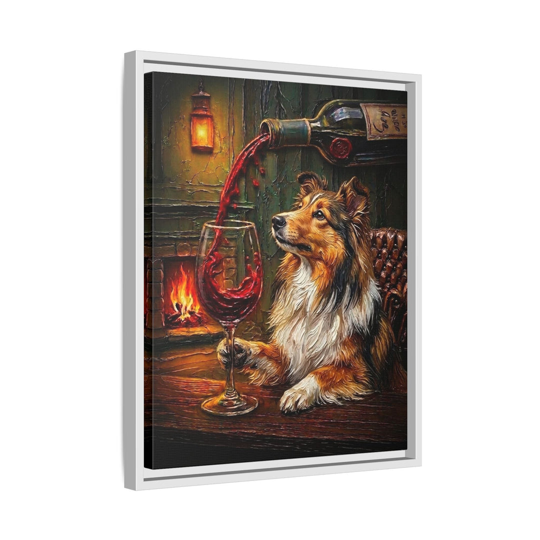 "Wine & Woof" - Shetland Sheepdog Vertical Framed Canvas - Dog Lover Wall Art
