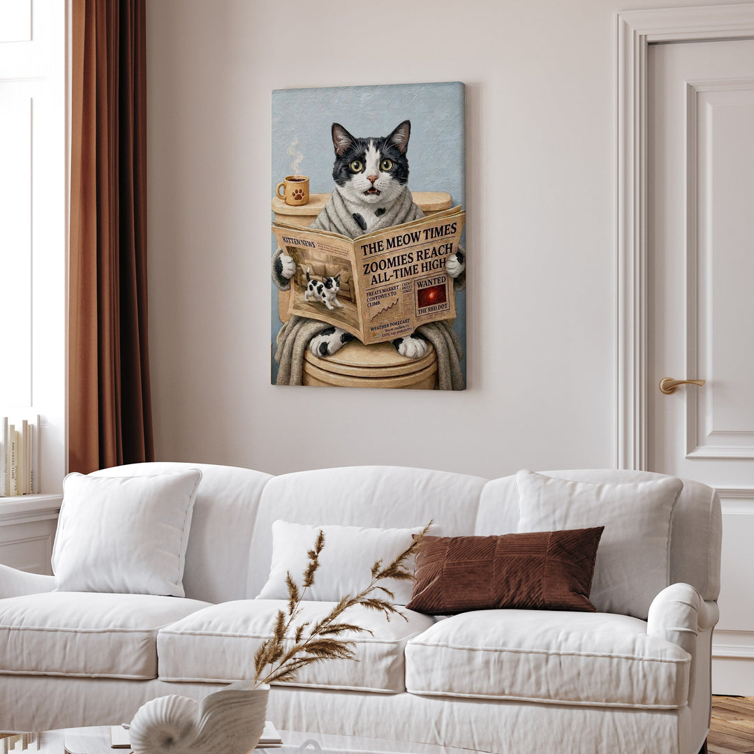 "Morning Business" - Black & White Bicolor Vertical Canvas - Cat Lover Wall Art