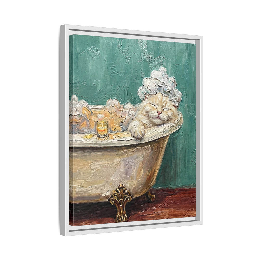 "Spa Day" - Fluffy White Cream Longhair Vertical Framed Canvas - Cat Lover Wall Art