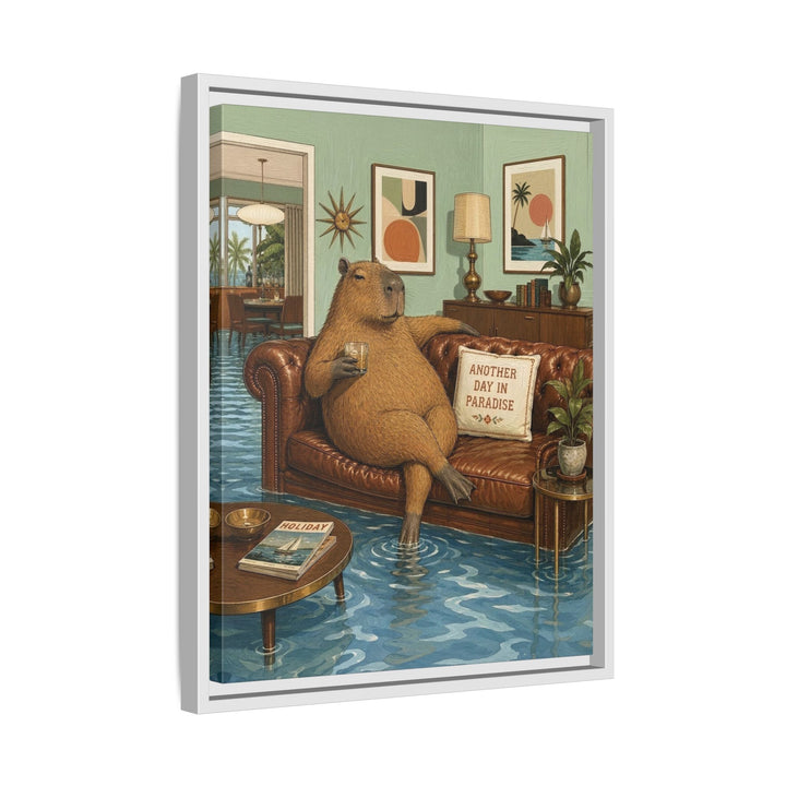 "Another Day in Paradise" - Capybara Vertical Framed Canvas - Dark Burnout Humor Wall Art
