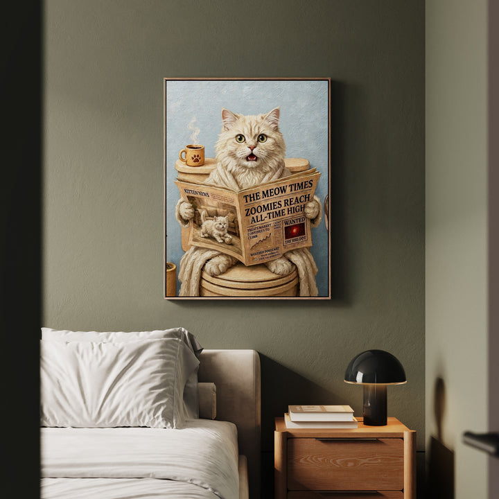 "Morning Business" - Fluffy White Cream Longhair Vertical Framed Canvas - Cat Lover Wall Art