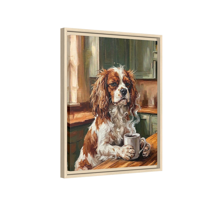 "Before Coffee" - Cavalier King Charles Vertical Framed Canvas - Dog Lover Wall Art