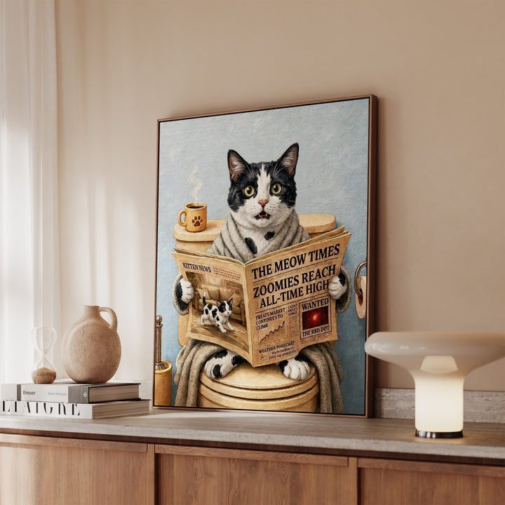 "Morning Business" - Black & White Bicolor Vertical Framed Canvas - Cat Lover Wall Art
