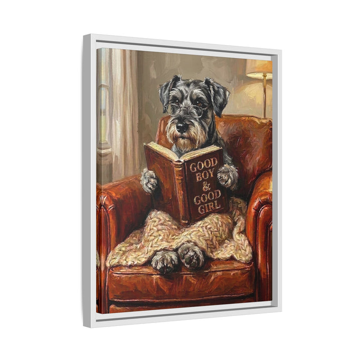 "Evening Read" - Schnauzer Vertical Framed Canvas - Dog Lover Wall Art