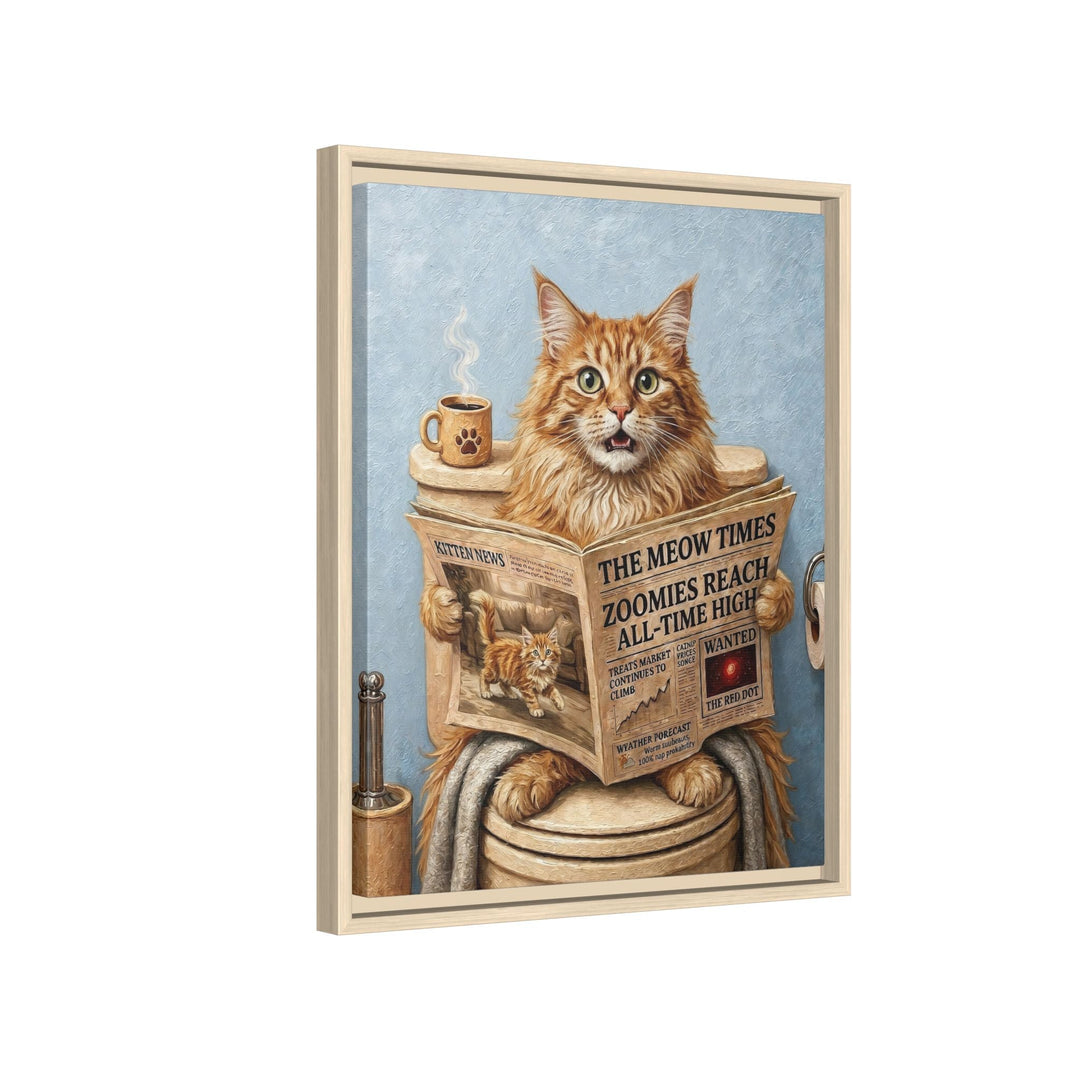 "Morning Business" - Fluffy Orange Longhair Vertical Framed Canvas - Cat Lover Wall Art
