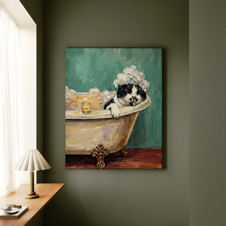 "Spa Day" - Black & White Bicolor Vertical Canvas - Cat Lover Wall Art