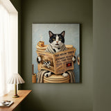 "Morning Business" - Black & White Bicolor Vertical Canvas - Cat Lover Wall Art