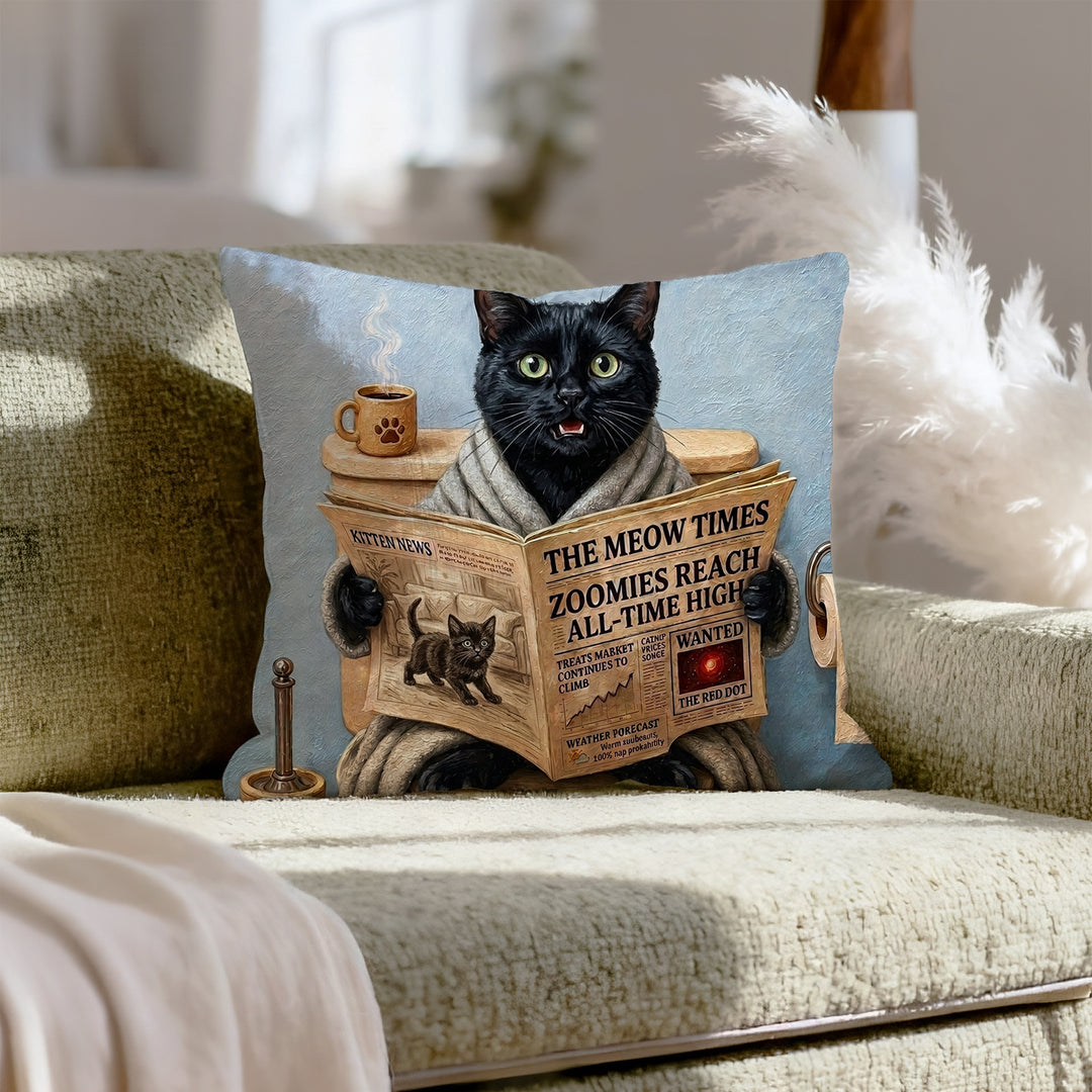 "Morning Business" - Black Pillow Cover - Cat Lover Home Decor