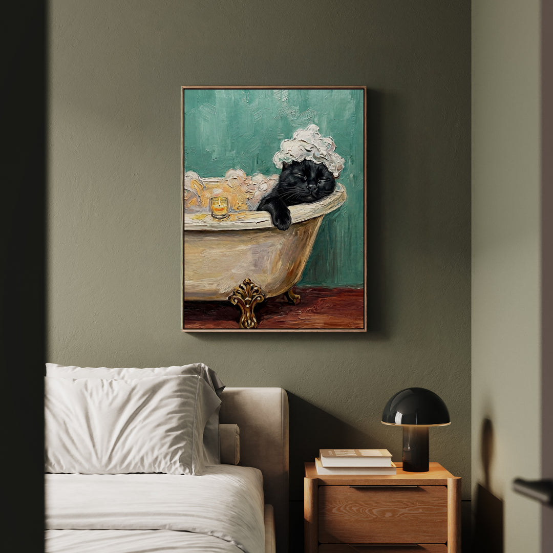 "Spa Day" - Black Vertical Framed Canvas - Cat Lover Wall Art