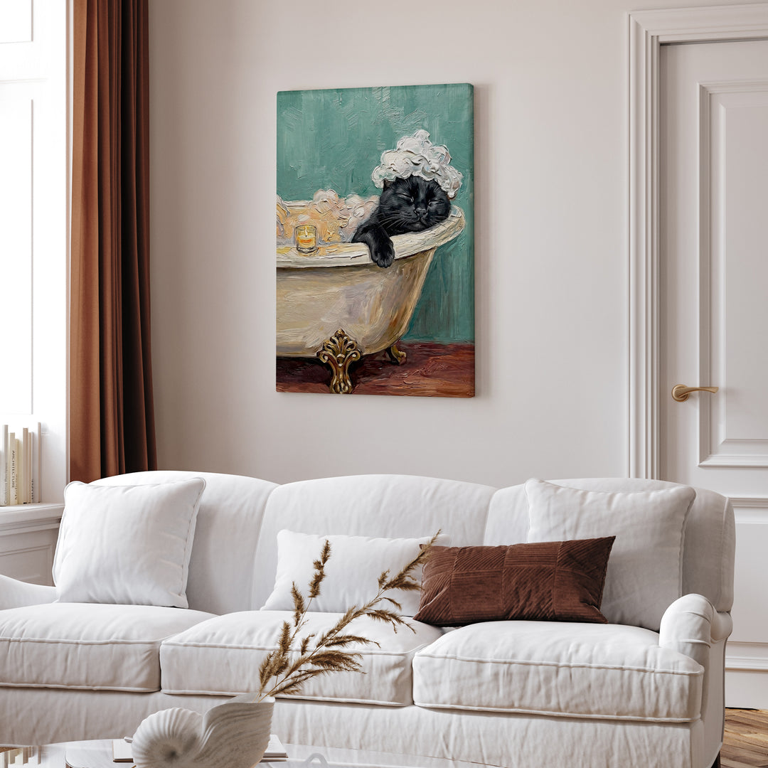 "Spa Day" - Black Vertical Canvas - Cat Lover Wall Art