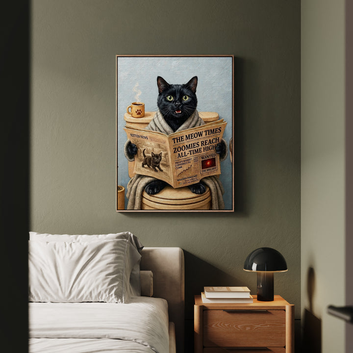 "Morning Business" - Black Vertical Framed Canvas - Cat Lover Wall Art