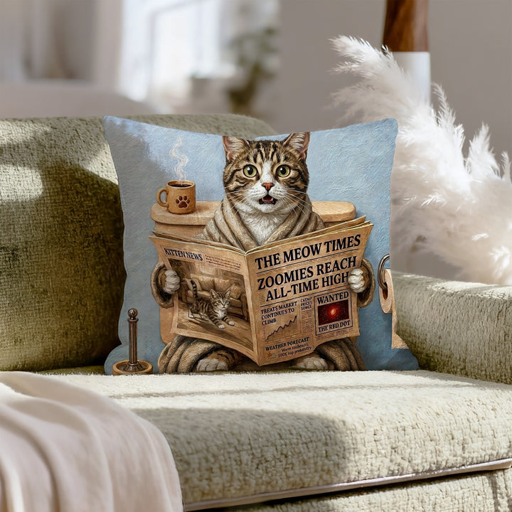 "Morning Business" - Brown Tabby & White Throw Pillow - Cat Lover Home Decor