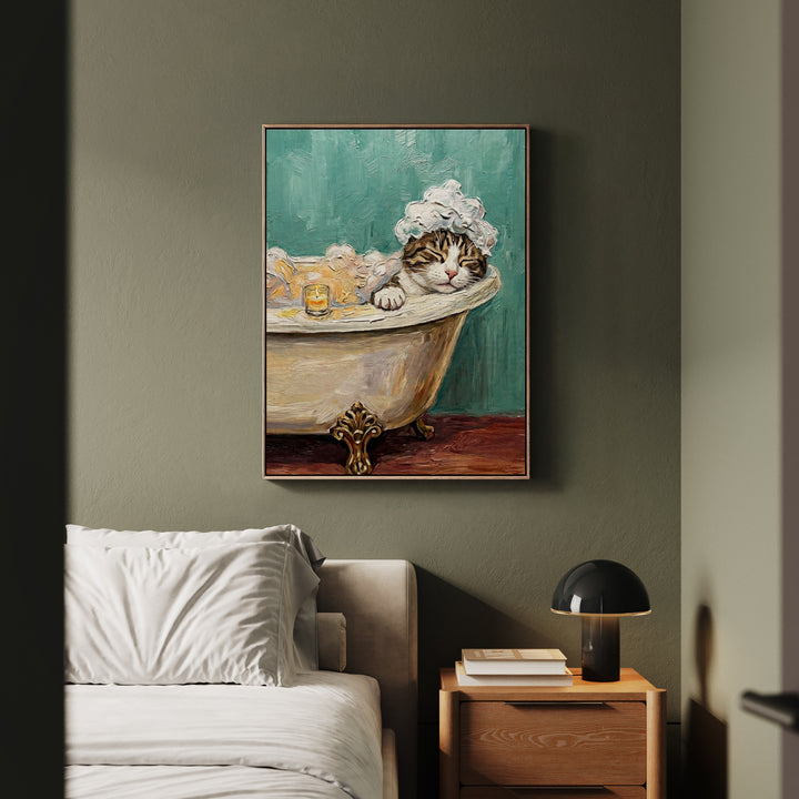"Spa Day" - Brown Tabby & White Vertical Framed Canvas - Cat Lover Wall Art