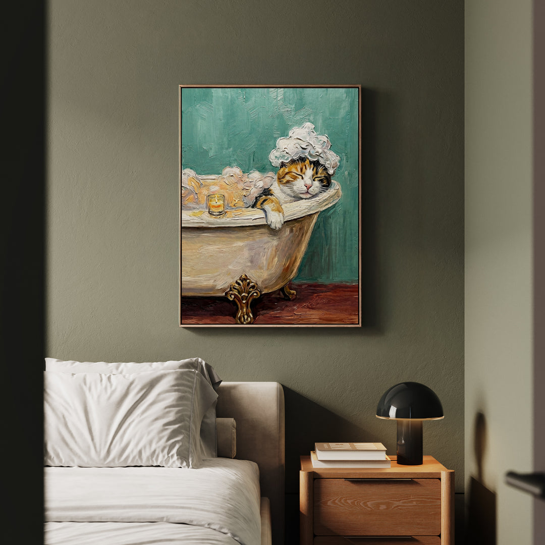 "Spa Day" - Calico Vertical Framed Canvas - Cat Lover Wall Art