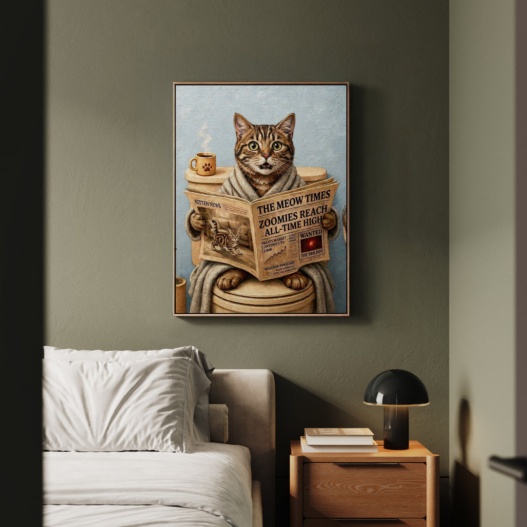 "Morning Business" - Classic Tabby Vertical Framed Canvas - Cat Lover Wall Art