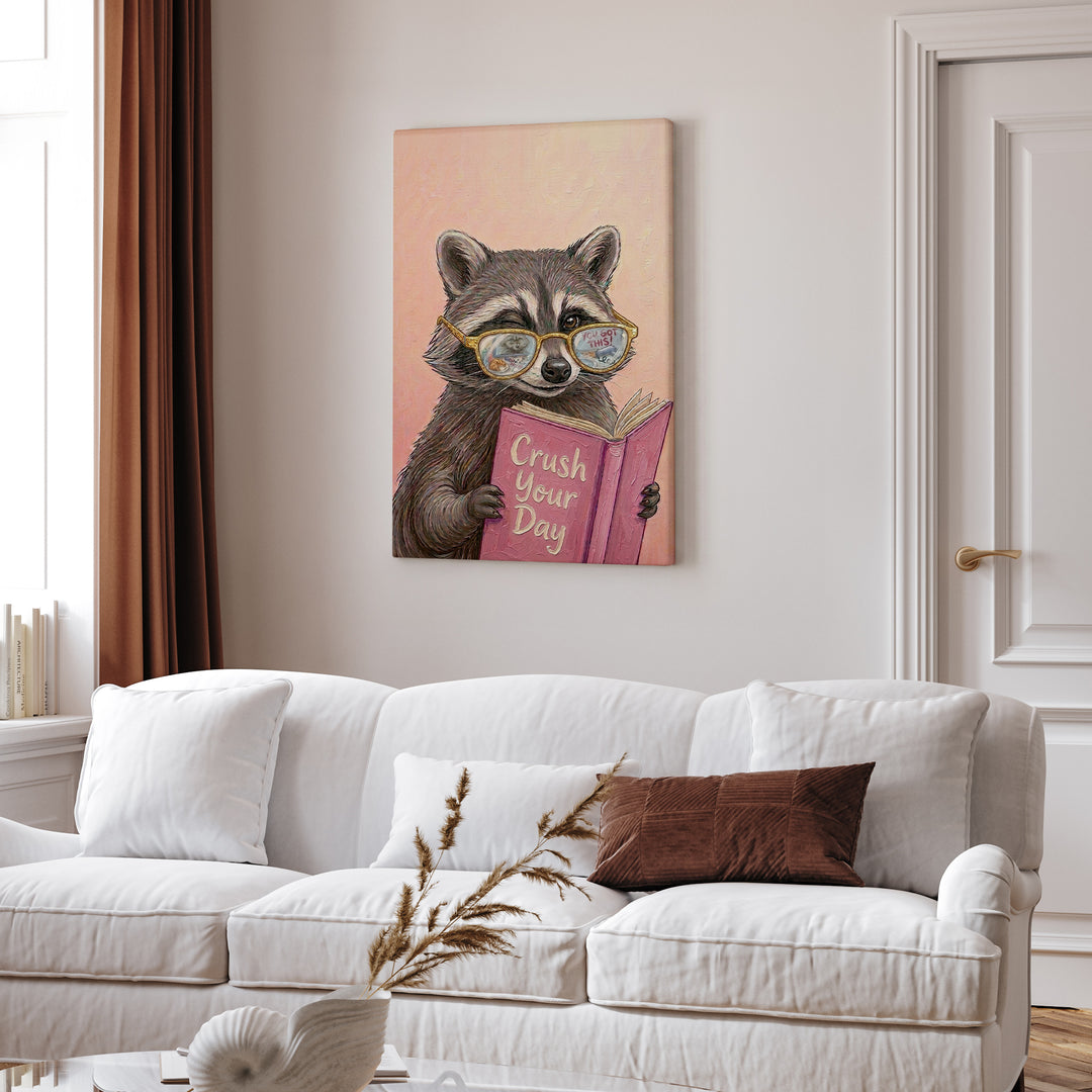 "Crush Your Day" - Raccoon Vertical Canvas - Animal Book Humor Wall Art