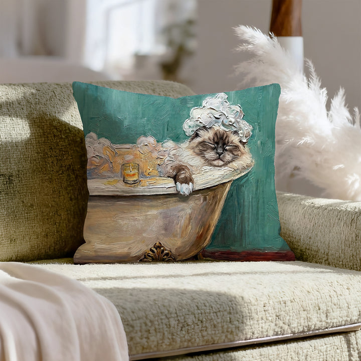 "Spa Day" - Fluffy Colorpoint Throw Pillow - Cat Lover Home Decor