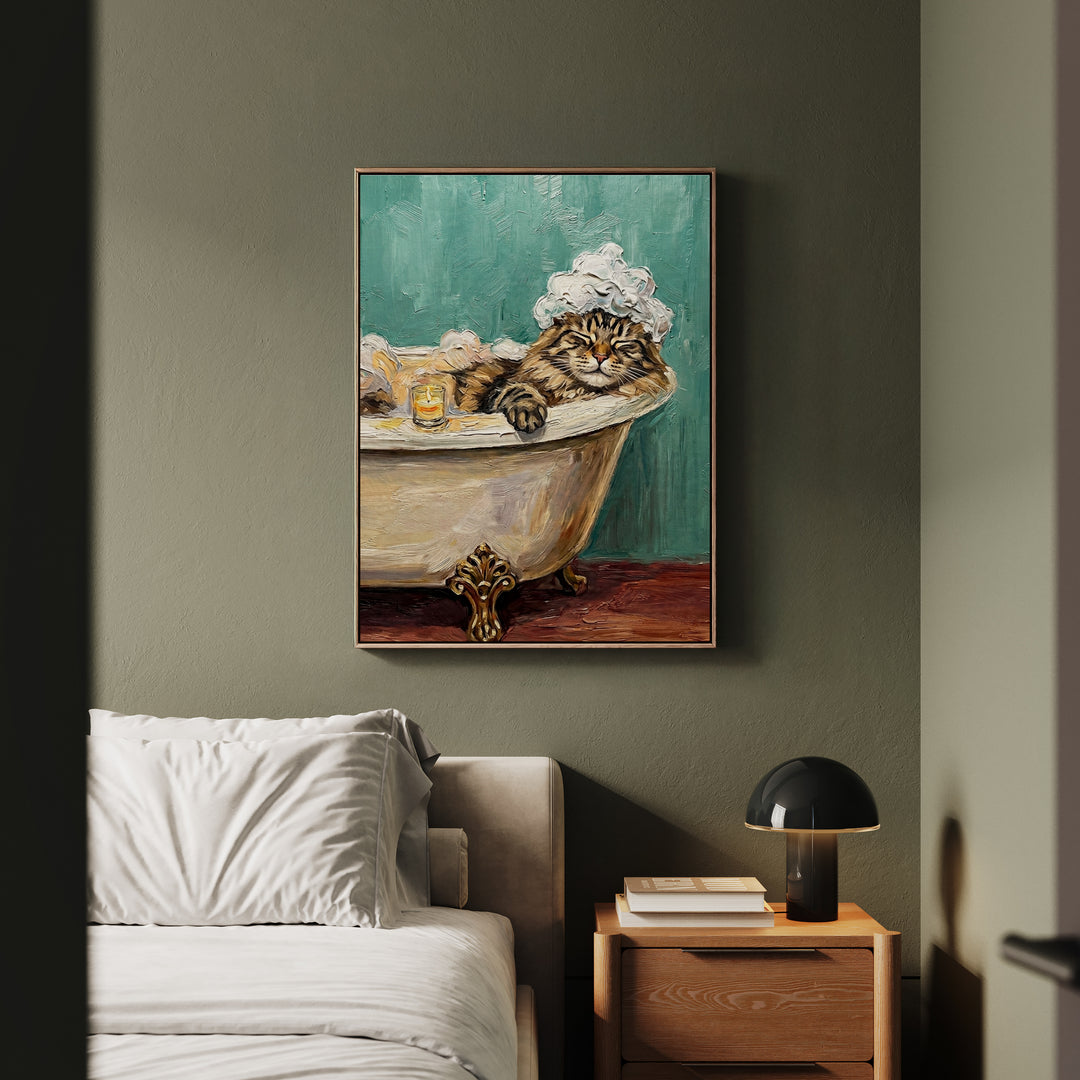 "Spa Day" - Fluffy Tabby Longhair Vertical Framed Canvas - Cat Lover Wall Art