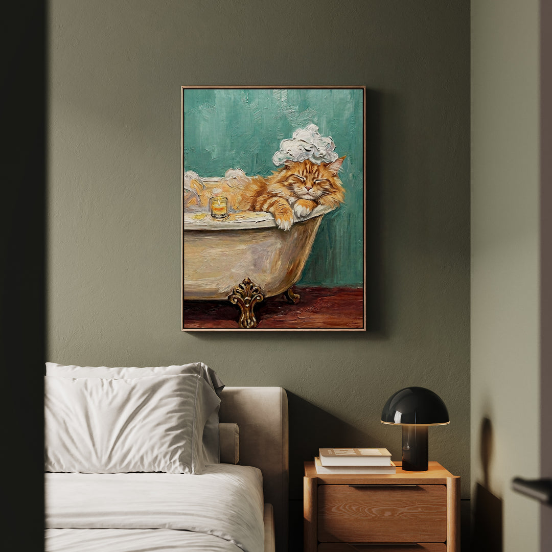 "Spa Day" - Fluffy Orange Longhair Vertical Framed Canvas - Cat Lover Wall Art