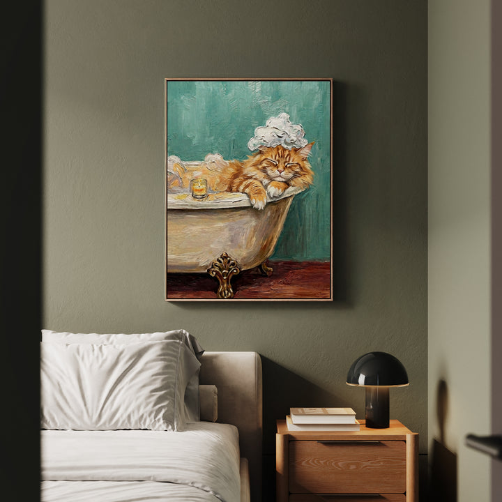 "Spa Day" - Fluffy Orange Longhair Vertical Framed Canvas - Cat Lover Wall Art