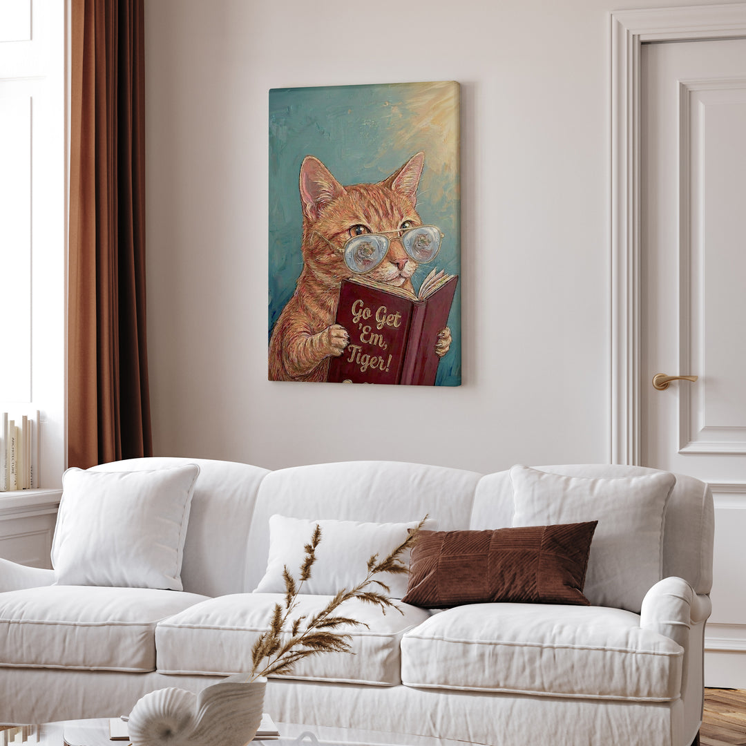 "Go Get em Tiger" - Cat Vertical Canvas - Animal Book Humor Wall Art