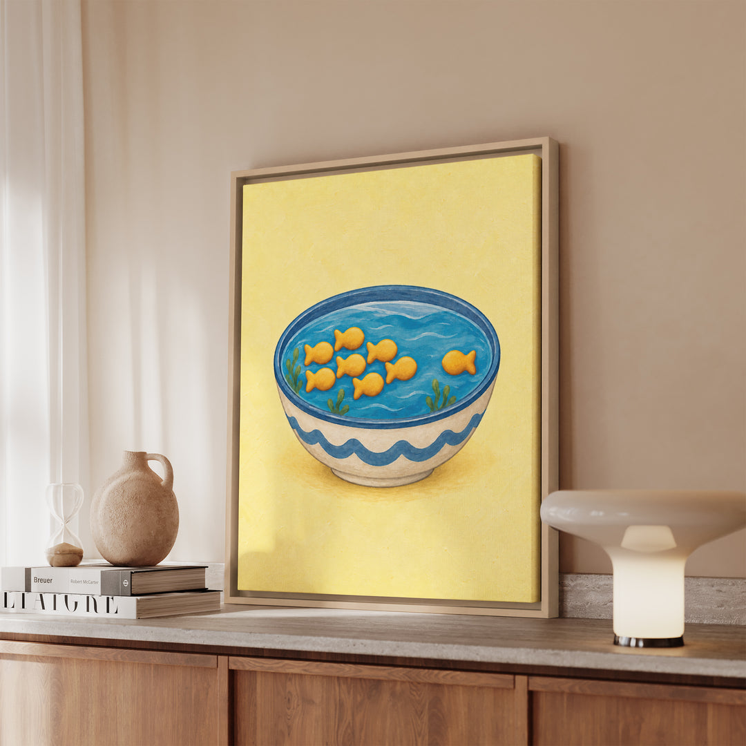 Fish Cracker School – Funny Kitchen Art with Crackers Swimming in a Bowl – Canvas / Framed Canvas