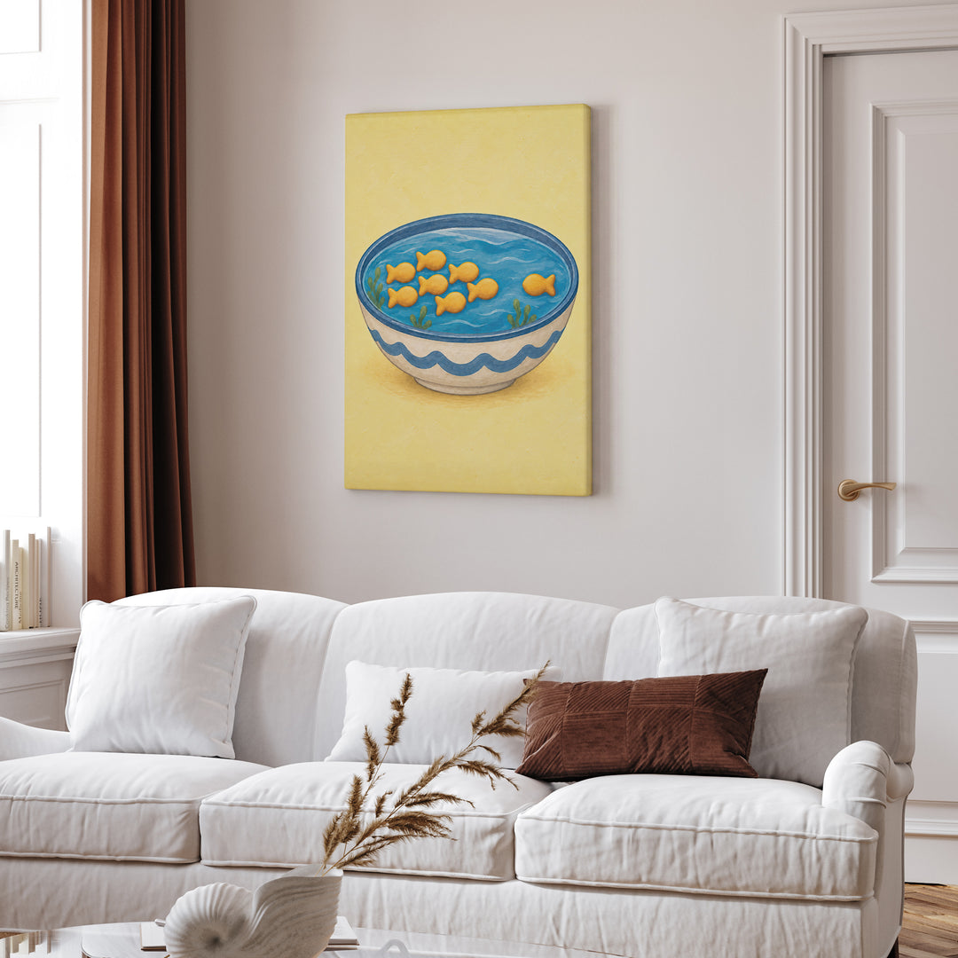 Fish Cracker School – Funny Kitchen Art with Crackers Swimming in a Bowl – Canvas Wall Art