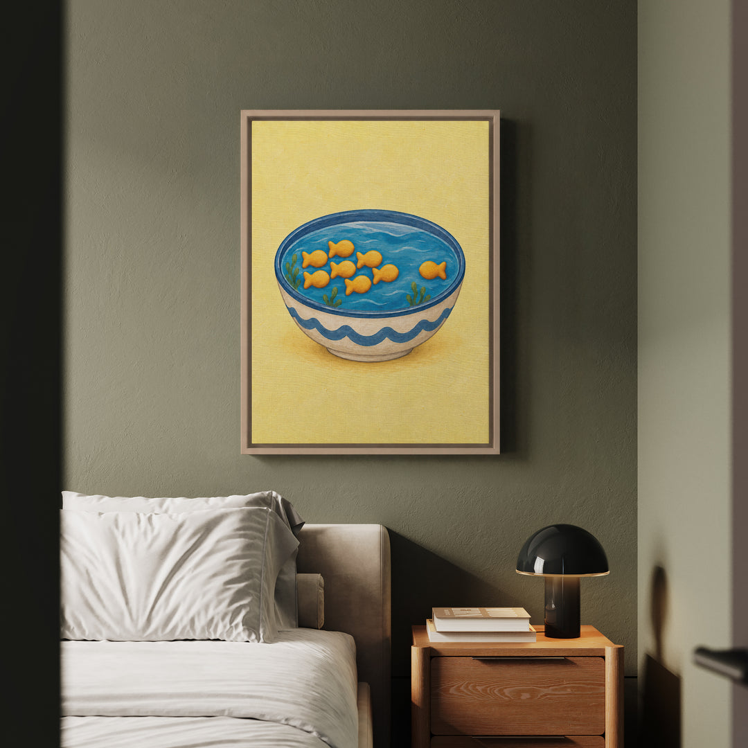 Fish Cracker School – Funny Kitchen Art with Crackers Swimming in a Bowl – Framed Canvas Wall Art