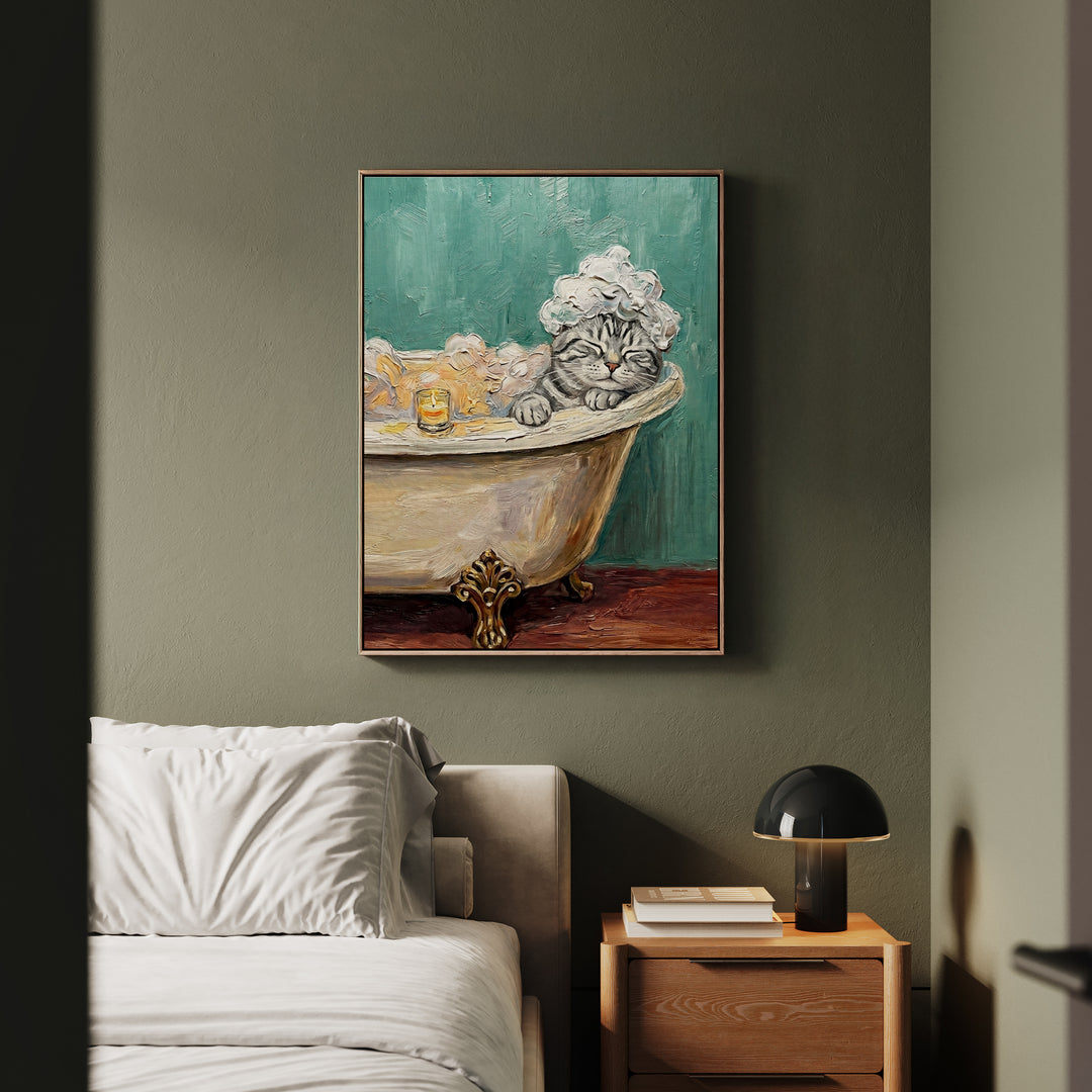 "Spa Day" - Grey Silver Tabby Vertical Framed Canvas - Cat Lover Wall Art