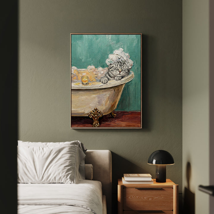 "Spa Day" - Grey Silver Tabby Vertical Framed Canvas - Cat Lover Wall Art