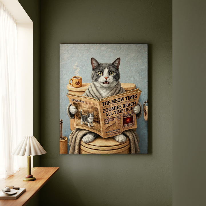 "Morning Business" - Grey & White Bicolor Vertical Canvas - Cat Lover Wall Art