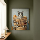 "Morning Business" - Grey & White Bicolor Vertical Canvas - Cat Lover Wall Art