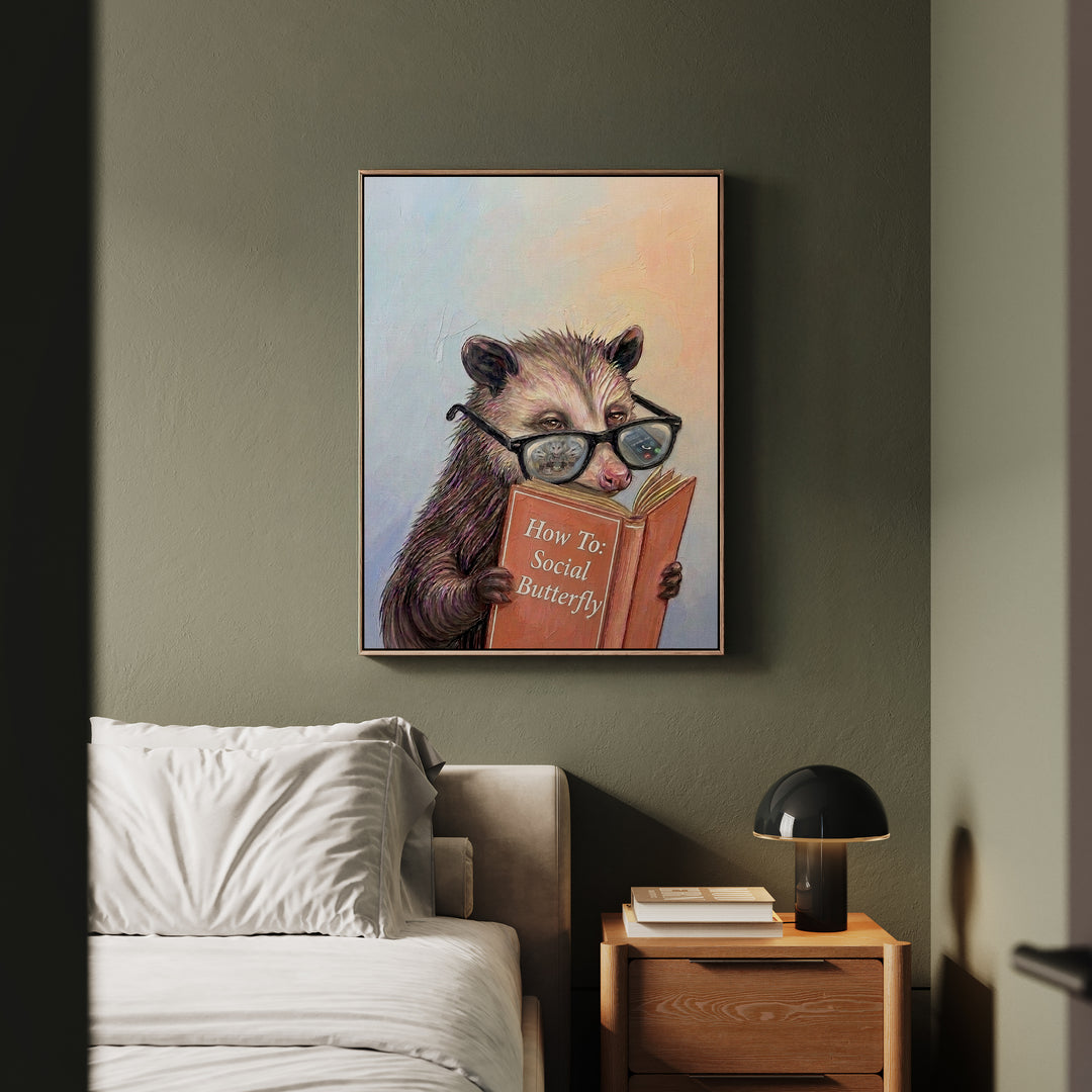 "How To Social Butterfly" - Opossum Vertical Framed Canvas - Animal Book Humor Wall Art