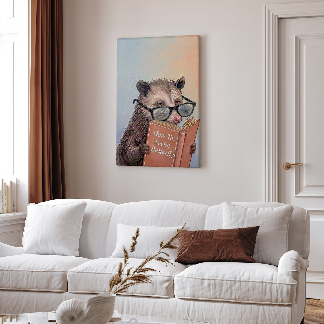 "How To Social Butterfly" - Opossum Vertical Canvas - Animal Book Humor Wall Art